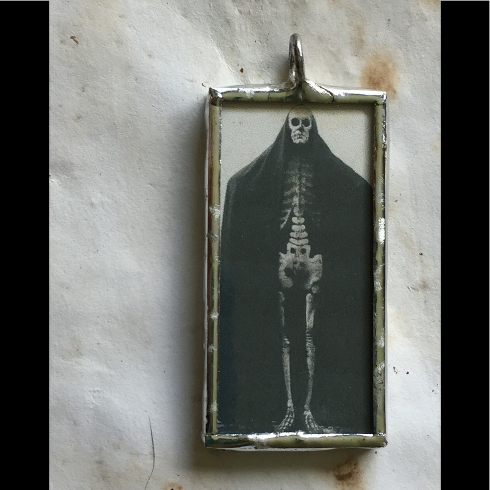 Death goth Victorian skeleton glass pendant